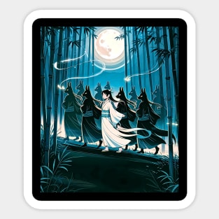 Enchanted Kitsune Parade in Bamboo Forest Under Full Moon Sticker